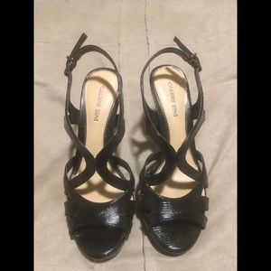 Black strappy leather heels